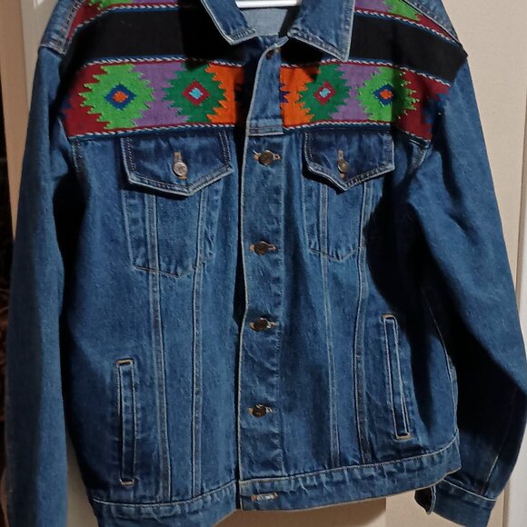 Maya Jones Import Women Blue Denim Jacket Size Large Southwest Aztec Design - Picture 2 of 15